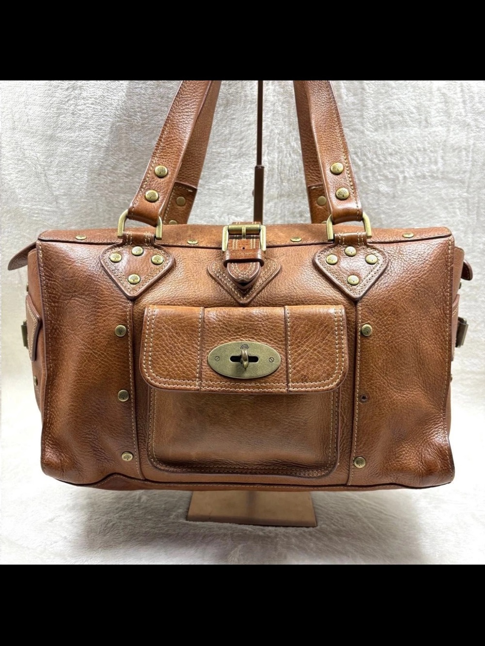 Mulberry Cognac Leather Messenger Tote with Turn-Lock Pocket